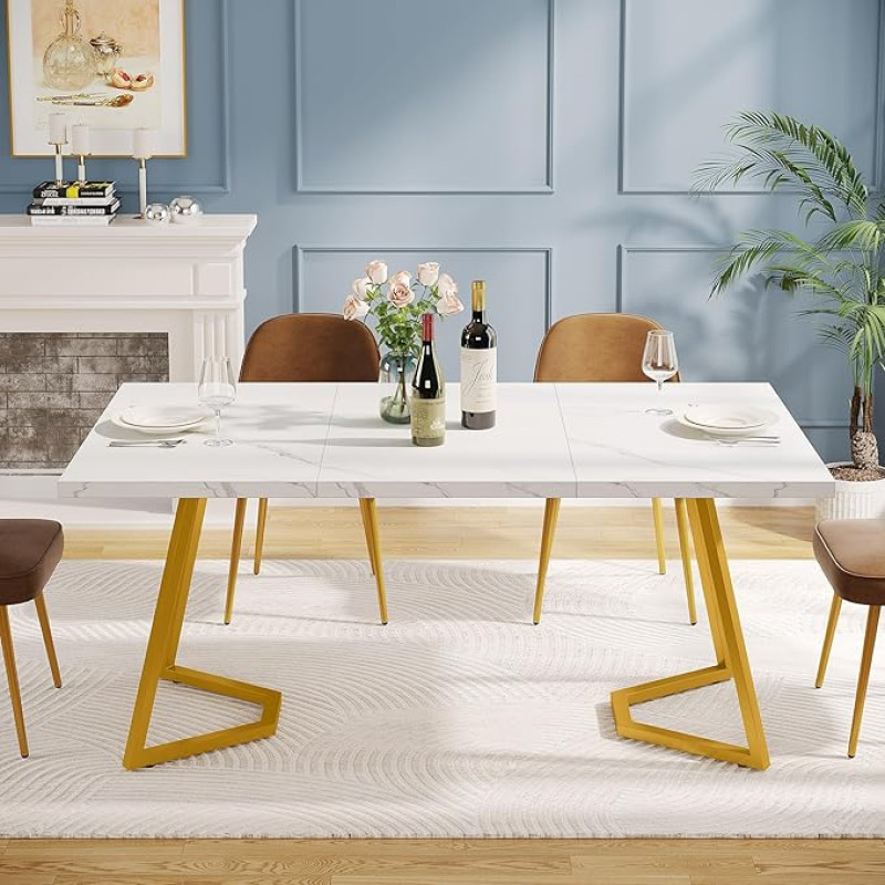 Tribesigns Modern Gold Dining Table 140cm White Dining Table with Gold Metal Legs, Faux Marble Small Dining Room Kitchen Table for 6 Seater Rectangular Dining Table for Apartment