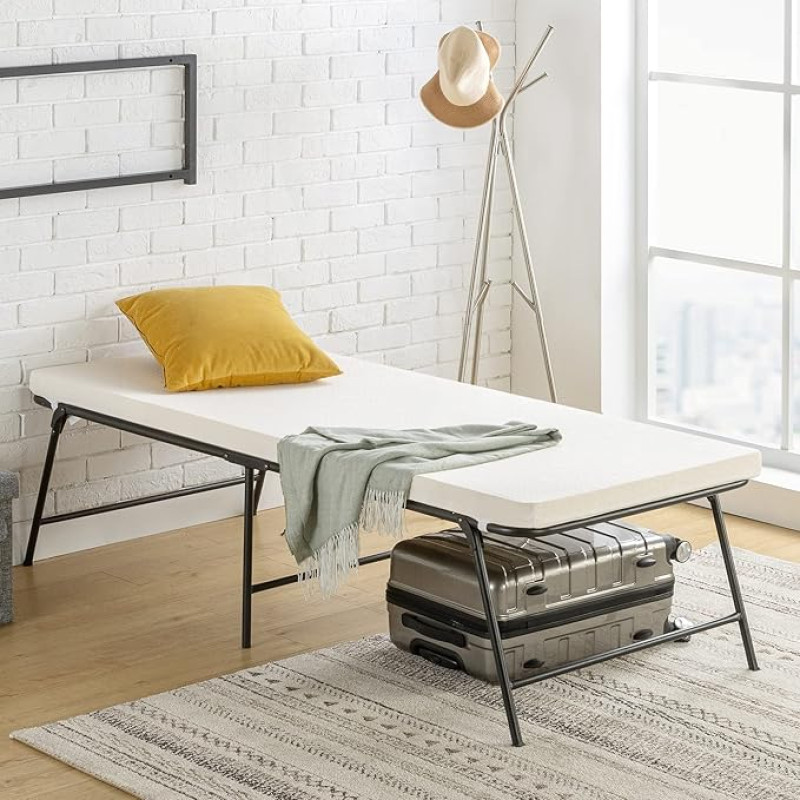 Zinus Folding Bed 80 x 190 cm - Height 50 cm with Storage Space Under Bed - Folding Metal Guest Bed Frame with Comfort Foam Mattress - Height 5 cm - Black