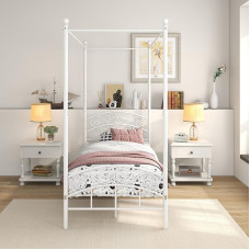 JURMERRY Single Canopy Bed Frame with Ornate European Style Headboard and Footboard Sturdy Steel Mattress Easy DIY Assembly All Parts