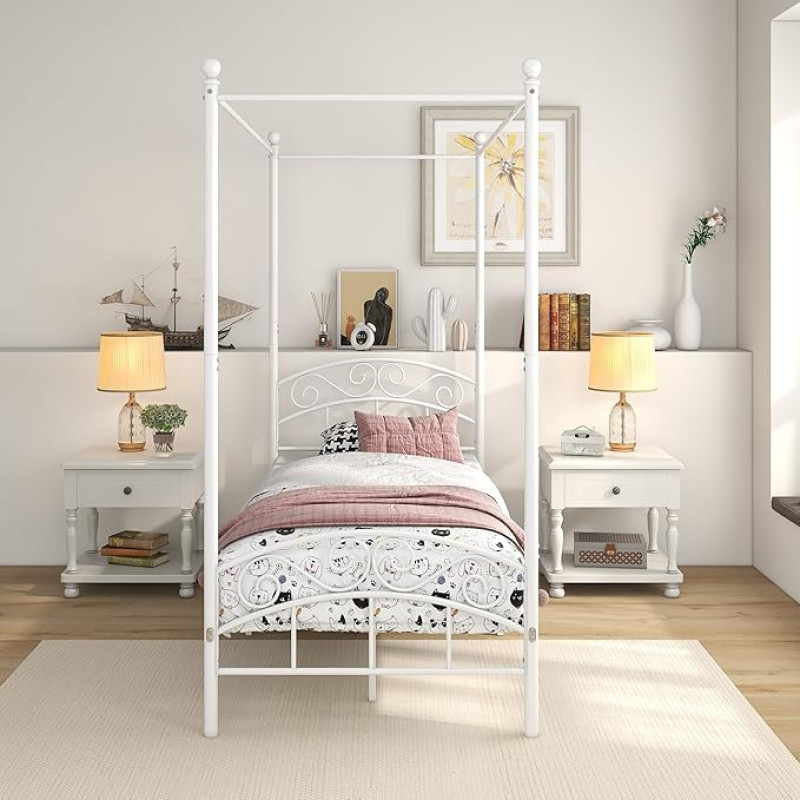 JURMERRY Single Canopy Bed Frame with Ornate European Style Headboard and Footboard Sturdy Steel Mattress Easy DIY Assembly All Parts