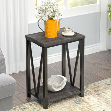 FOLUBAN Small Side Table, Rustic Wood and Metal Side Table with Storage Space, Vintage Bedside Table for Living Room, Bedroom, Office, Dark Grey