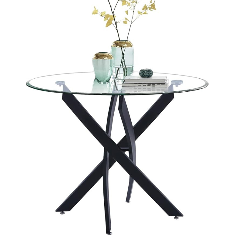 GOLDFAN Dining Table Glass Kitchen Table Round Glass Table Modern Table Living Room Table with Black Legs for Living Room Office Kitchen 90 cm