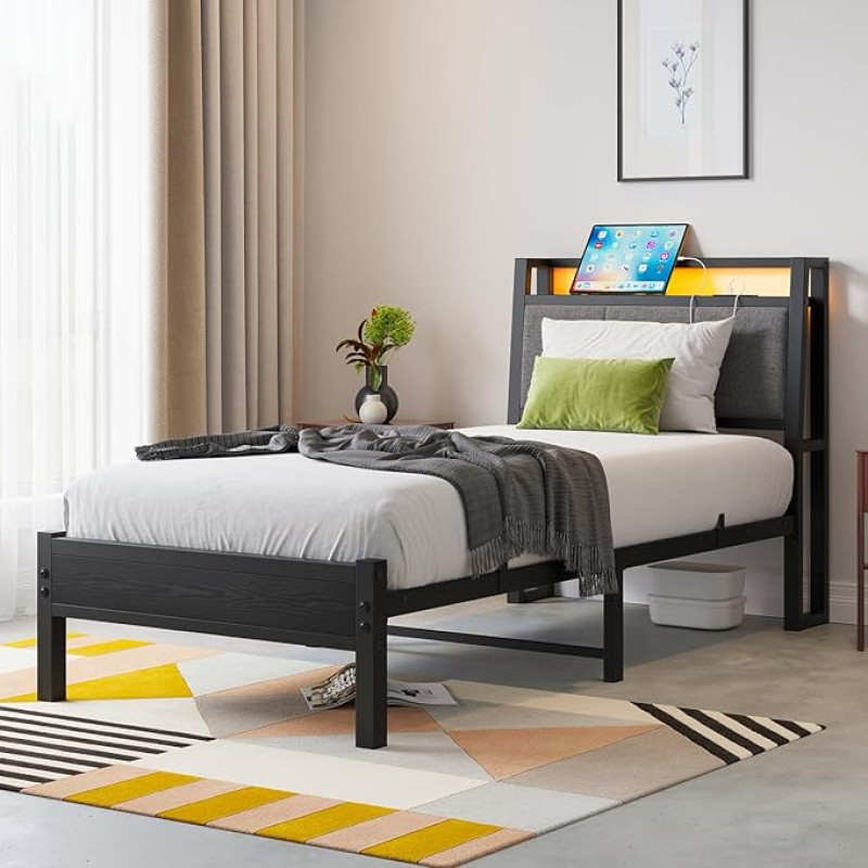 FOUBAM Single Bed Frame 3ft Bed Frame with Charging Station and LED Lights Heavy Duty Platform Bed Frame with Fabric Storage Slanted Headboard No Box Spring Required