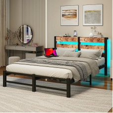 QUCENAK King Bed Frame with USB Charging Station, Queen Size LED Bed Frame with Wooden Headboard, Metal Platform Bed Frame, No Box Spring Required, Strong Slatted Support, Easy Assembly