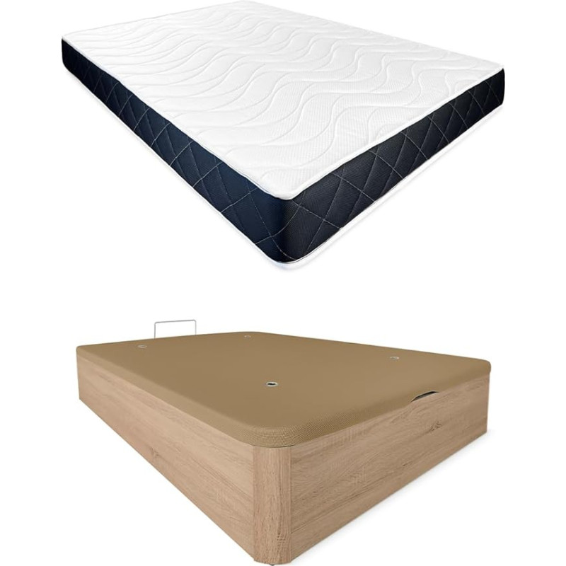 Somnia Descanso Juno Reversible Memory Foam Mattress + Folding Wooden Bed Frame Large Capacity Cambria 150 x 190 cm