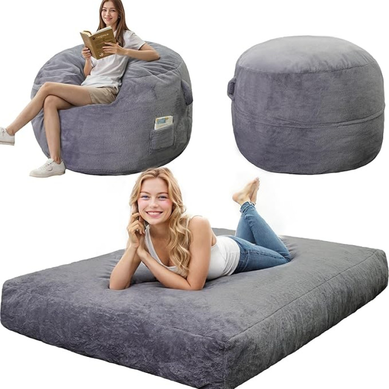 LFCREATOR Giant Bean Bag for Adults, Faux Fur Bean Bag, Bed with Mattress, Bed Use, Convertible Bean Bag, Sofa Bed with Filler for Living Room, Bedroom, Dark Grey, Large