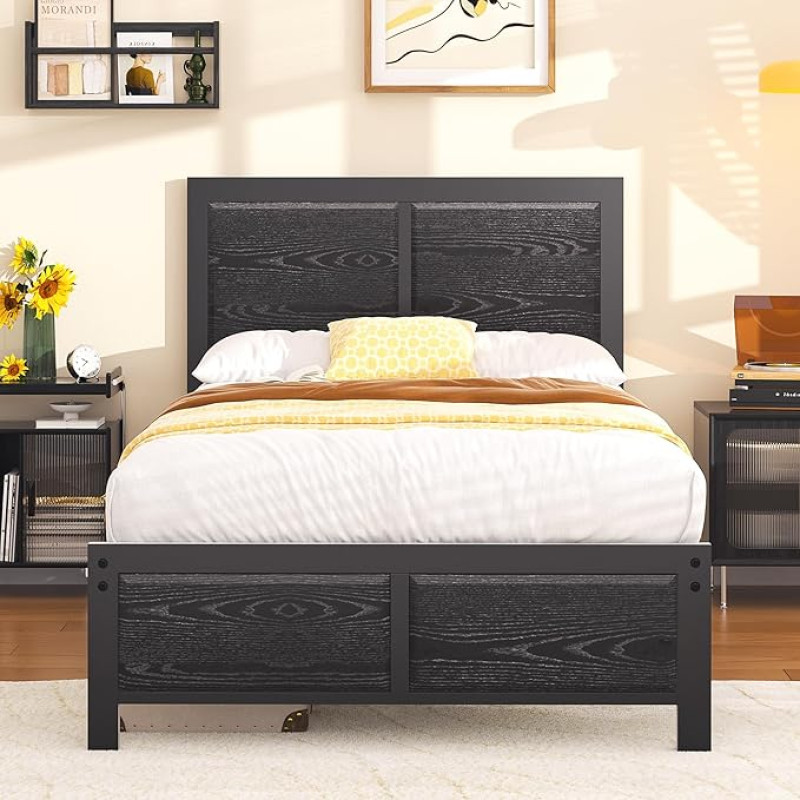VECELO Bed Frame 90 x 200 cm, Metal Bed with Thick Wooden Headboard and Slatted Frame, Modern Guest Bed, Youth Bed with Storage Space Under the Bed, Perfect for Bedroom, Black