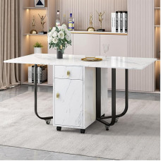 Kayan Folding Dining Table (1 Piece) with Cabinet and 2 Drawers, Folding Kitchen Table, Versatile Table, Space Saving Dining Table with 4 Support Legs, with Pulley (Black)