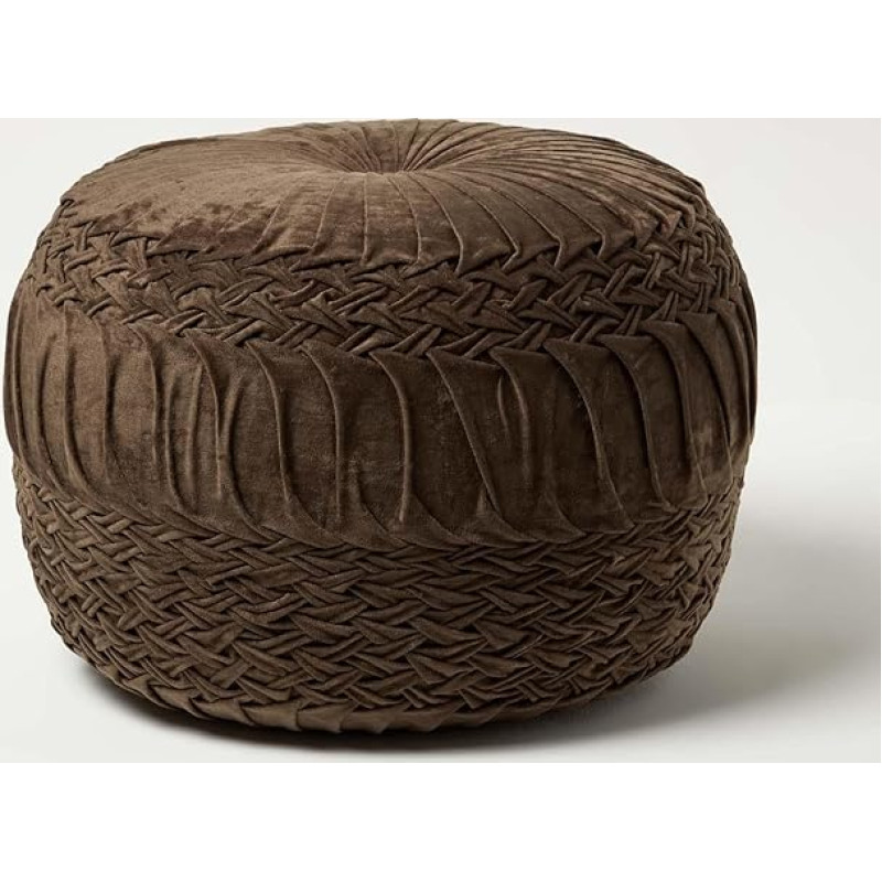 Homescapes Sofia Woven Stool Pleated Chocolate 50 x 35 cm Velvet Pouf Brown Round with Bean Bag Filling