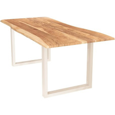 Liadomo Isa Natural Dining Table, 140 x 80 cm, Wane Table, Acacia Solid Wood Table, 26 mm Lacquered Tabletop, Robust and Easy to Clean, Unique, U-Frame Metal, White