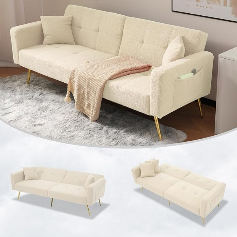 TaiEnjoy Sofa Bed with Bed Function, Golden Legs, Backrest Can Be Flat Flat Dimensions 175 × 89.5 × 40 cm, with Cushions and Side Storage Compartments, Sofa Size 175 × 64 × 72 cm (Beige)