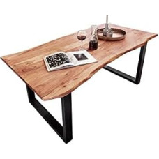 SAM B-Ware Mundra Dining Table 200 x 100 cm Acacia Wood Wane Table Solid + Natural-Coloured U-Metal Frame Black Dining Room Table with Real Wane Edge