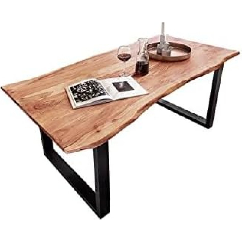 SAM B-Ware Mundra Dining Table 200 x 100 cm Acacia Wood Wane Table Solid + Natural-Coloured U-Metal Frame Black Dining Room Table with Real Wane Edge