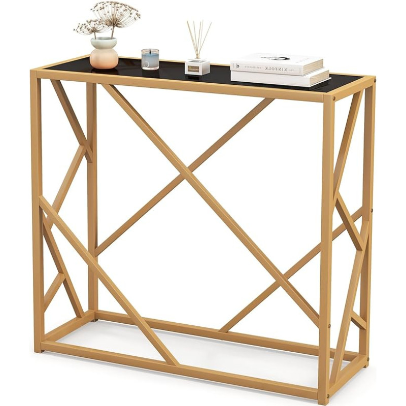 COSTWAY Console Table, Hallway Table with Tempered Glass & Gold Metal Frame, Entrance Table Narrow, Console Side Table for Living Room, Hallway, Bedroom, 80 x 30 x 75 cm
