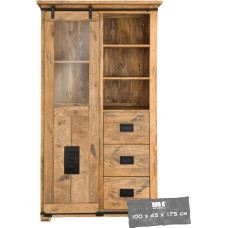 MR. DEKO Florence Mango Wood Vintage Look Showcase Cabinet with Sliding Door and Glass Living Room Cabinet Bookcase Furniture Chest of Drawers 100 x 45 x 175 cm Vintage Sideboard Chest of Drawers
