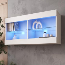 Komodee, Tivoli Hanging Display Cabinet, White/White, Width 100 cm x Height 50 cm x Depth 29 cm, LED Blue, 2 Shelves, for Living Room, Bedroom, Entrance