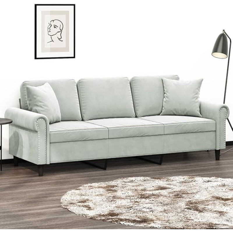 ZEYUAN 3200955 3-Seater Sofa with Decorative Cushions, Light Grey, 180 cm, Velvet, Lounge Sofa, Sofas & Couches, Relaxing Sofa, Couch for Living Room