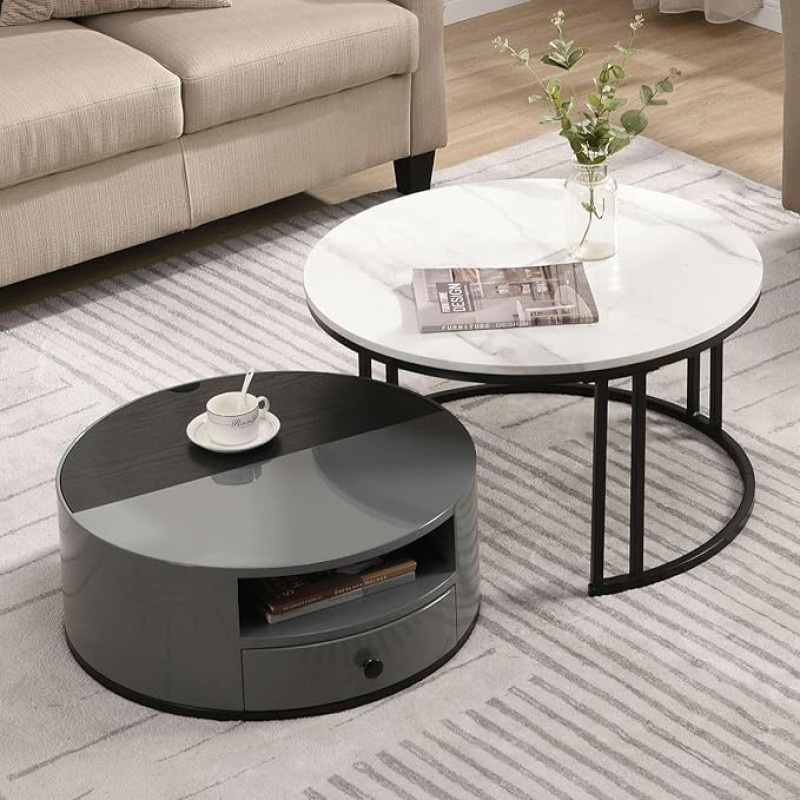 KOMHTOM Round Coffee Table Set with Storage Space, Living Room Table with Drawers, Side Table for Living Room, Bedroom