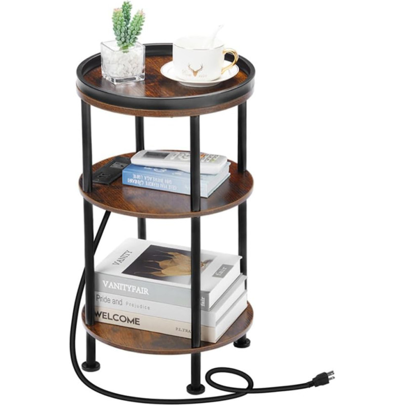 Small Round Side Table with Charging Station for Narrow and Small Space, 3 Tier Sofa Next to Table with USB Ports and Sockets, Coffee Table for Living Room,