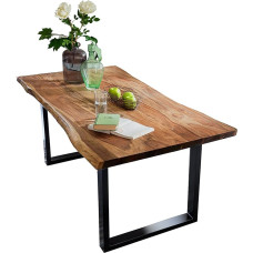SAM Dining Room Table with Wane Edge, Solid Acacia Wood, Walnut/Black Frame, 160 x 85 x 77 cm
