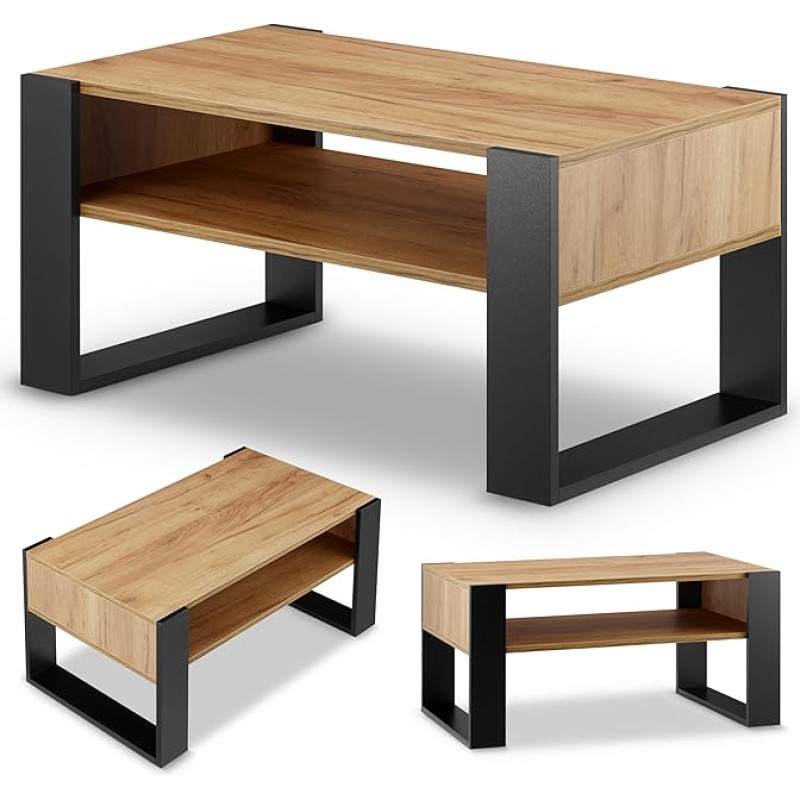 defiPad Living Room Table for Couch, Coffee Table Black Oak with Storage Space, Modern Living Room Table, Coffee Table, Small Table, 92 cm Wide Coffee Table, Sturdy House Table