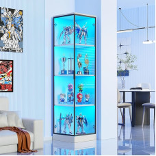 BROTTAR Corner Display Cabinet with LED Lighting, Display Cabinet with Human Sensor, Corner Cabinet & Bookcase for Collector's Display Cabinet and Living Room, Bedroom, Study Room, White