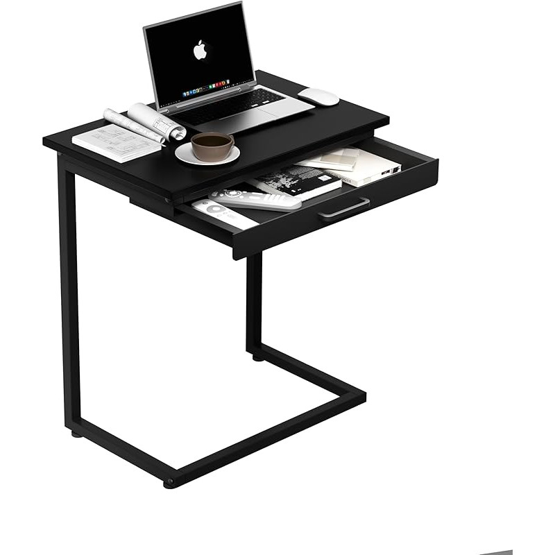 Serxis C Shaped Side Table Small Coffee Side Table with Drawer for Living Room Bedroom Magazine Computer oCffee Small Object Storage Black
