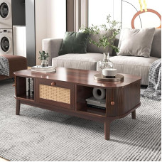 Merax Low Coffee Table, Modern Coffee Table with Drawers and Sliding Doors Made of Solid Wood Tops, Living Room Table with Storage Spaces, Multifunctional Side Table, Sofa Table, Country House Style,