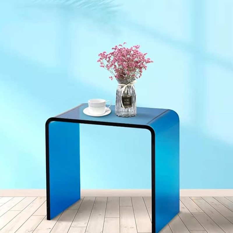 SUN RDPP U-shaped Acrylic Side Table, Transparent Small Bedside Table and Stool, Clear Rectangular Tea Table with Round Edges, Blue