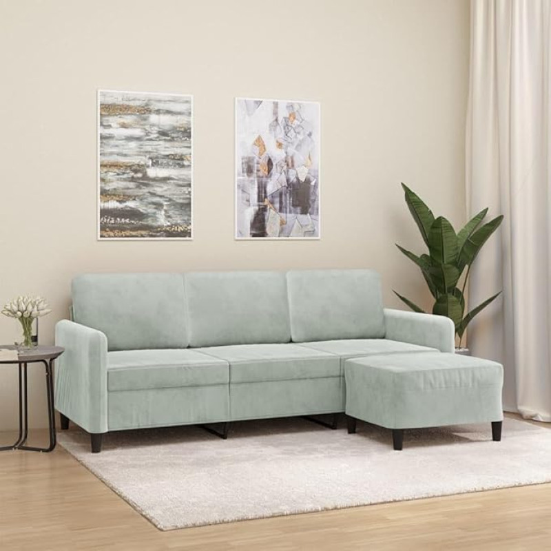 LAPOOH 3201174 3-Seater Sofa with Stool, Light Grey, 180 cm, Velvet, Lounge Sofa, Sofas & Couches, Relax Sofa, Couch for Living Room, Couch with Sleep Function