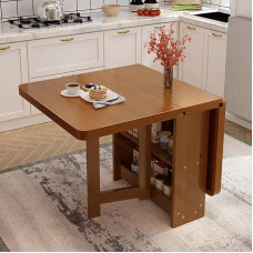 Solid Wooden Drop Leaf Dining Table with 2-Layer Storage Shelf Foldable Kitchen Table for Small Spaces Versatile Collapsible Design - Perfect for Dining and Work