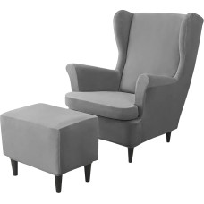 Set of 2 Velvet Covers for Armchairs with Armrests and Footstool - Stretch Covers for Living Room (Dark Grey)