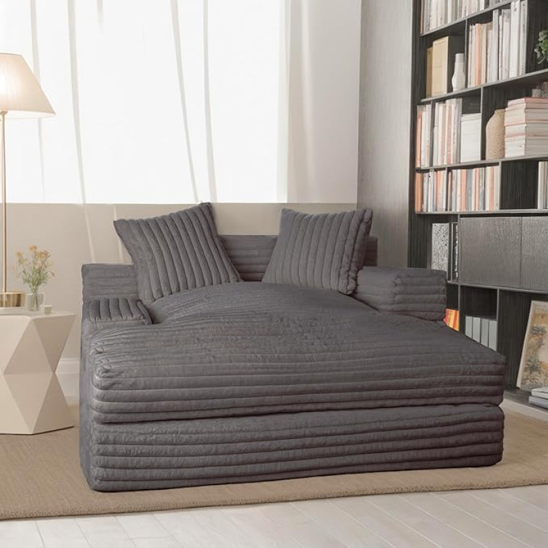 Sofa Bed Corduroy Sleeping Chair Big Sofa with Sleep Function, 135 x 152 x 80 cm Chaise Longue Bed Chair with Sleep Function Corner Couch for Living Room and Bedroom Grey, Upholstered Sofa with 2