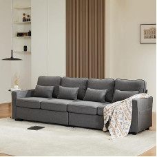 EASTALOLO Modern 4-Seater Sofa with Sleep Function, Lounge Sofa, Beige, Four-Seater Sofa with Armrest Pockets and 4 Cushions, Couch Sofa for Living Room, Home, Office (Dark Grey)