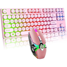 Mechanical Feel Gaming Keyboard and Mouse Combination 87 Keys Retro Punk Typewriter Cool Breathing Lightweight Gaming Mouse for Game and Office (Pink)
