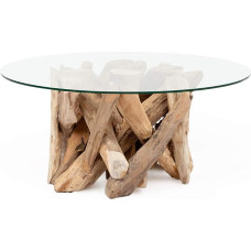 LEBENSwohnART Teak Coffee Table Tora Round Approx. 90 cm Diameter Glass Table Wooden Table