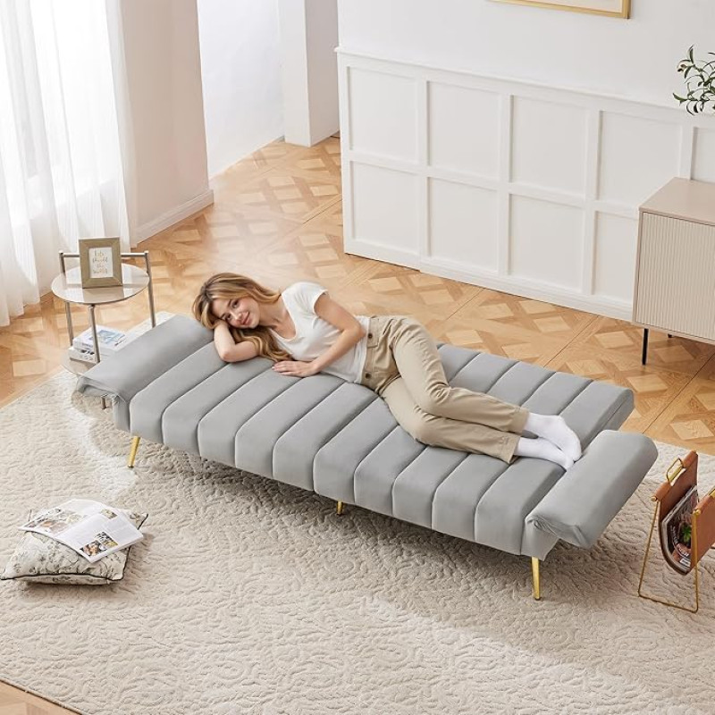 Merax Folding Sofa Bed, 2-Seater Sofa with Sleep Function, Sofa Bed with Large Lying Surface of 220 cm L x 104 cm W, Couch for Living Room, Bedroom, Guest Room, Grey