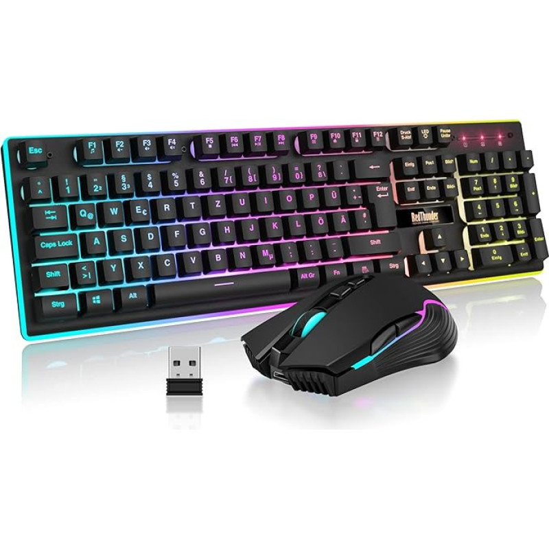 RedThunder K10 Wireless Gaming Keyboard and Mouse Set, QWERTZ DE Layout, 3000 mA Battery Capacity and 3200 DPI for Gamers (Black)
