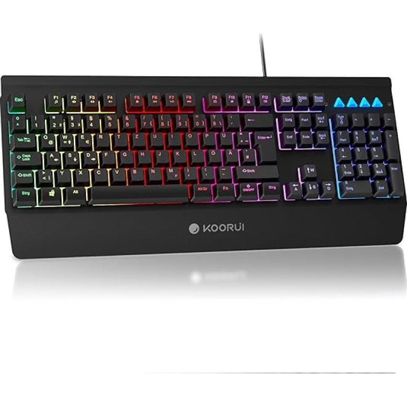 KOORUI Gaming Keyboard, German QWERTZ Layout with Wrist Rest, Ghosting Protection, Keyboards, USB Cable, 12 Multi Media Keys for Windows MacOS Linux, Black