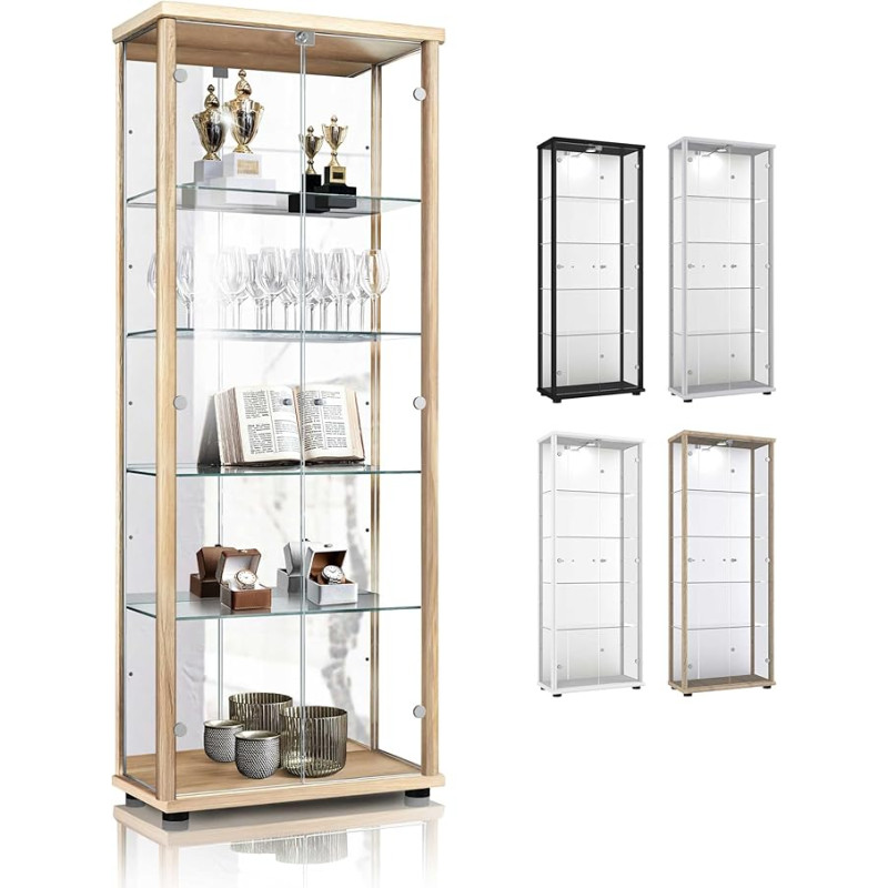 K-Möbel Glass Display Cabinet 2 Doors (176 x 67 x 33 cm) - Made in Germany - Standing Display Cabinet Beech with 4 Height-Adjustable Glass Shelves, Mirror and Lock - Standing Glass Display Cabinet