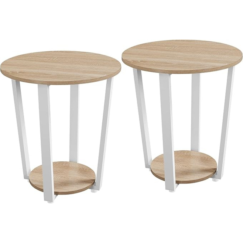 Yaheetech Set of 2 Bedside Tables, Round Side Table, Storage Table for Living Room, Bedroom, Sofa Table Made of Wood & Metal Oak