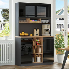 Merax Kitchen Cabinet with Worktop, High Gloss White Buffet Cabinet, Sideboard, 105 cm Wide, with Metal Handles, Adjustable Shelves and Open Storage Space, Black + Natural, 105 x 45 x 185 cm