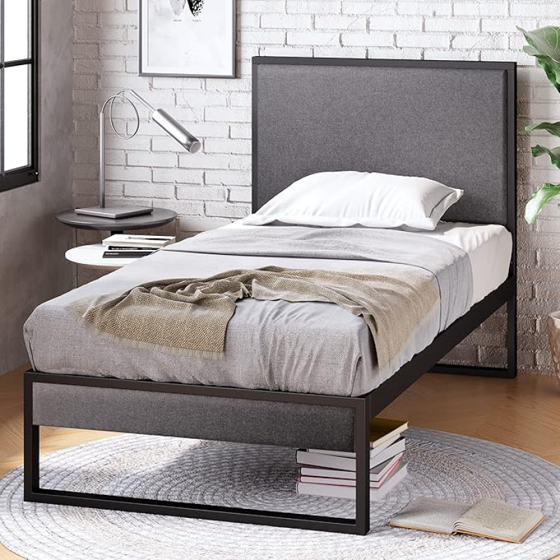 Zinus Christina 36 cm Padded Bed Frame Platform Bed, Headboard, Wooden Slatted Frame, Easy Assembly, for Adults, Children, Teenagers, 90 x 200 cm, Grey