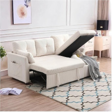 Sapgaks Corner Sofa with Seats and Armrest Pockets, Extendable Striped Sofa 3 Seater Sofa Velvet (Beige)