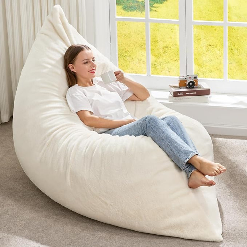 Hobestluk 3-in-1 Bean Bag Chair, Giant Bean Bag Chairs for Adults with Plush Faux Fur Cover, Convertible Bean Bag, Floor Cushion with Machine Washable Cover for Living Room (Plush White)