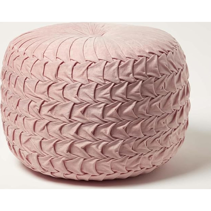 Homescapes Grace Pleated Stool, Plaited Dusky Pink, 50 x 35 cm, Velvet Pouf Pink, Round Pouf with Bean Bag Filling