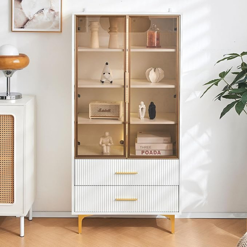 Merax Glass Display Case with LED Lights, White Cabinet with 2 Doors and 2 Drawers, Modern Bookcase with Adjustable Shelves, Metal Legs, Collector's Display Case for Living Room, Office, Dining Room