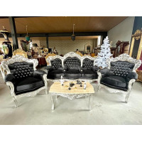Sofa Set French Louis Style in Black Velvet Retro Baroque Rococo Style Couch Set in Black Velvet Silver Frame for Home Decor for Hotel Lobby Decor