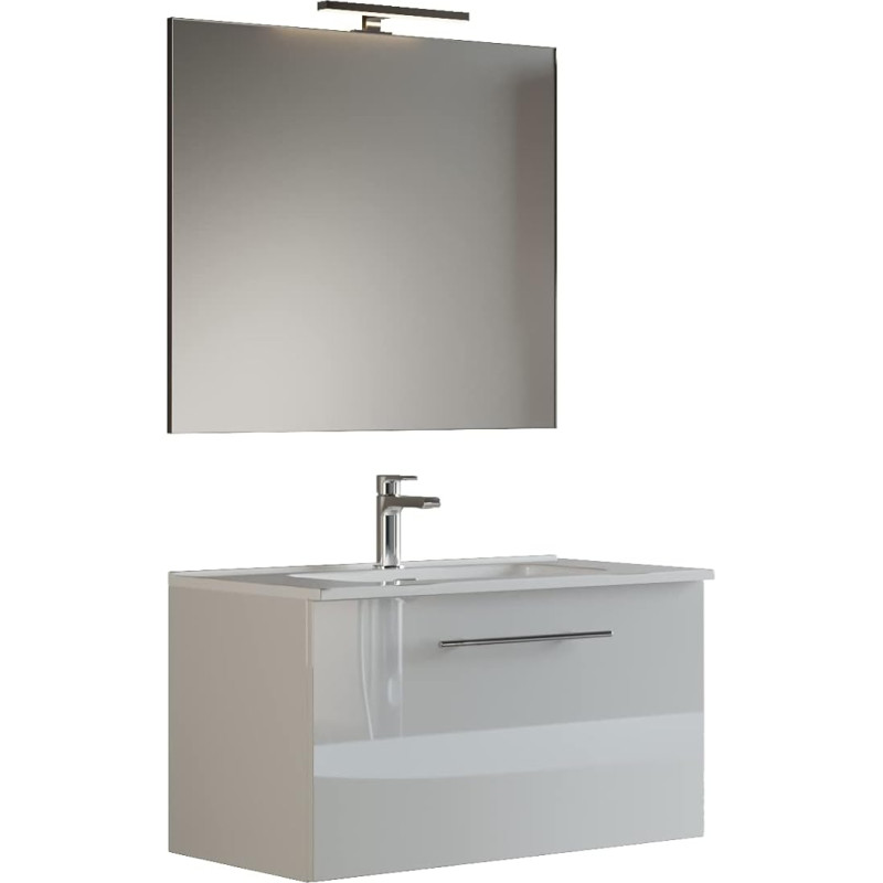 Mama Store GEA1 60 Bathroom Cabinet 60 cm Gloss White Lacquered with Basin, Mirror and LED Lamp, 62 x 46 x 45 cm
