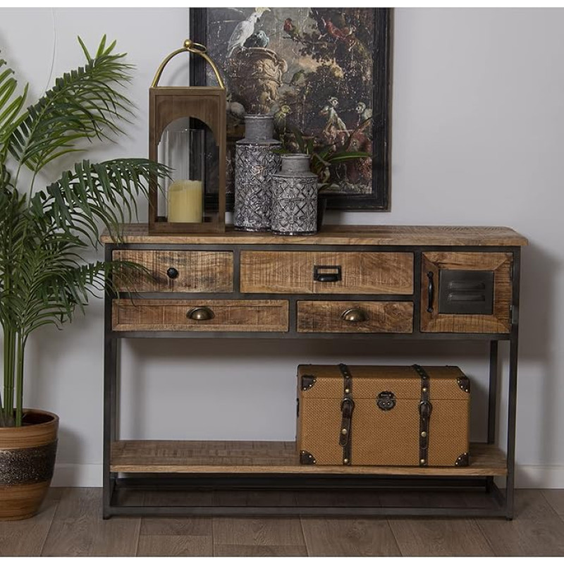 DRW Entrance Table with 4 Drawers and 1 Door Made of Wood and Metal in Natural, 120 x 40 x 80 cm, Colourful, Standard